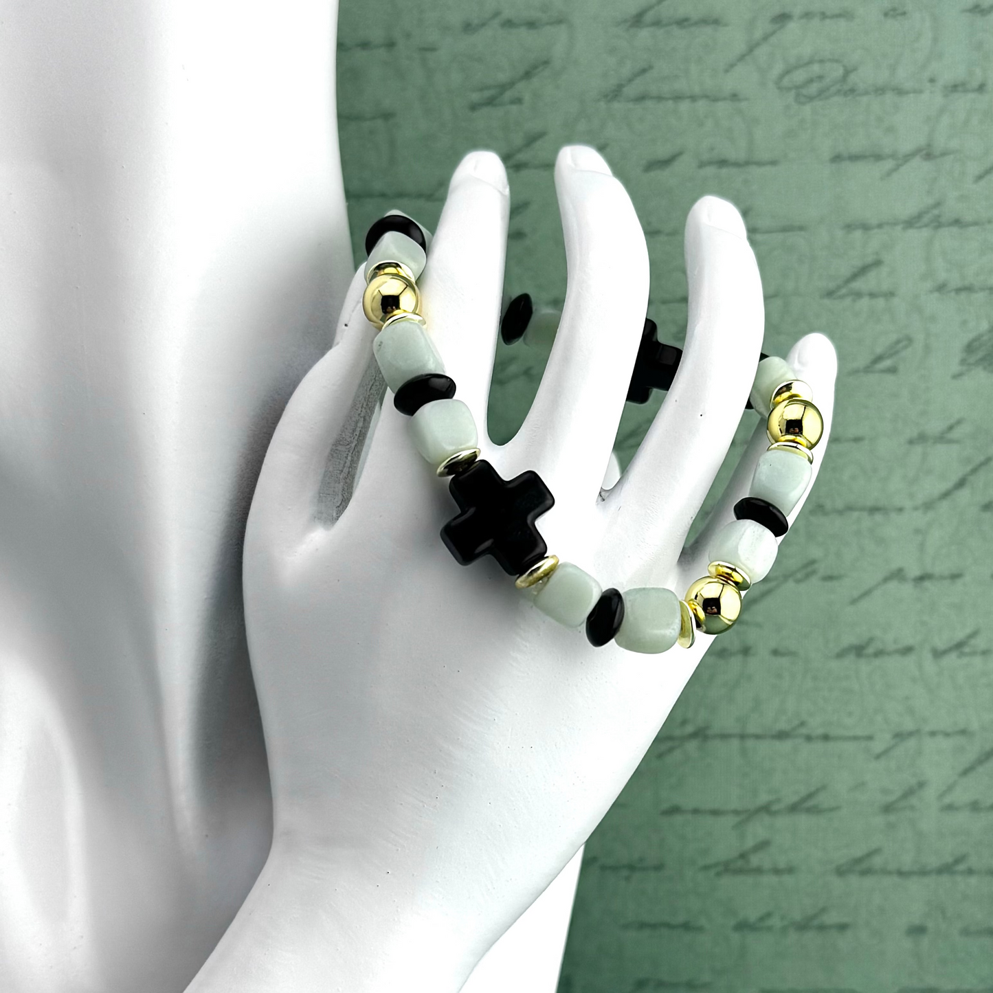 Bracelet | Onyx Cross | Amazonite Barrel Beads | Onyx Saucer BeadsGold-filled Round Beads | Gold-plated Hematite Saucer Beads