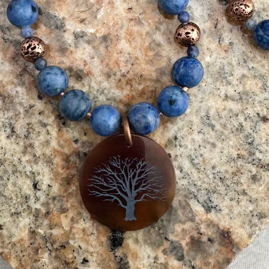 Necklace | Sodalite Gemstones | Tree of Life Coconut Pendant | Copper-plated Accents | 18"
