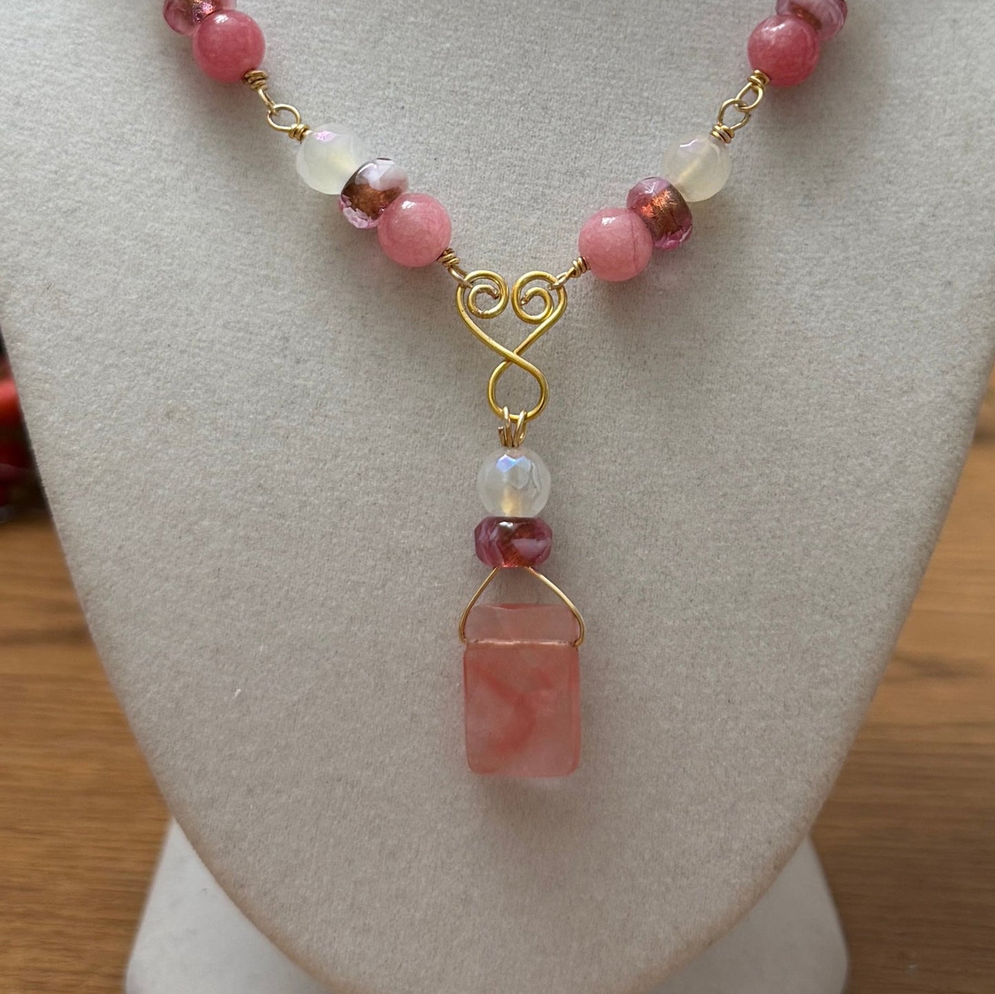 Necklace| Cherry Quartz | Wire-wrapped Connectors | Pink Jade | Glass Czech Beads | Moonstone | 16”