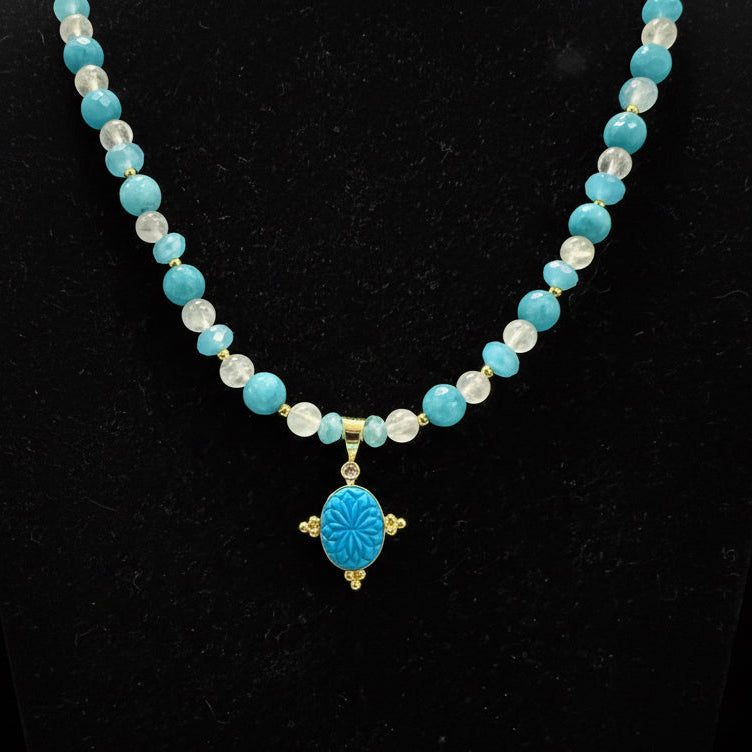 Turquoise Jade, Turquoise Faceted Glass Beads, and White Quartz Necklace Featuring a Carved Gemstone set in a 18K Gold-filled Bezel 16” with a 2” Extension