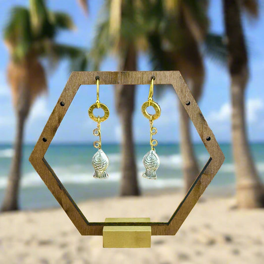 Earrings | Silver Fish on Line | Two-toned | 2"