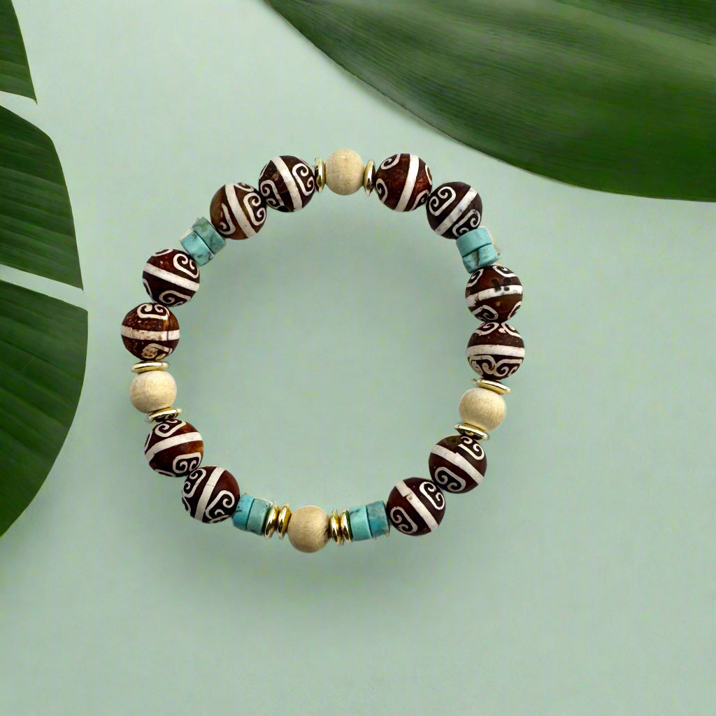 Handpainted Brown Gemstone with Turquoise Magnesite, Off-White, and Gold Beads 7.75"