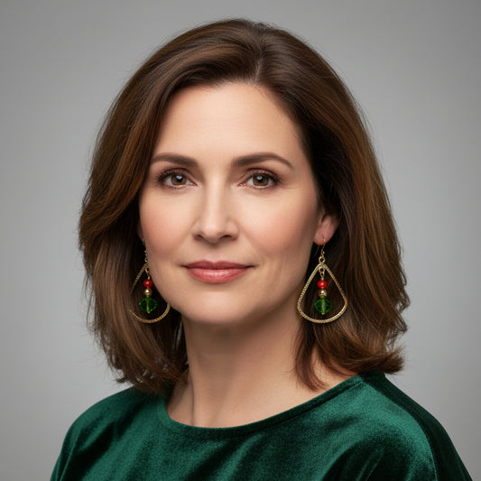 Earrings | Red and Green Faceted Crystals | 18K Gold-filled Ball Beads | 2"