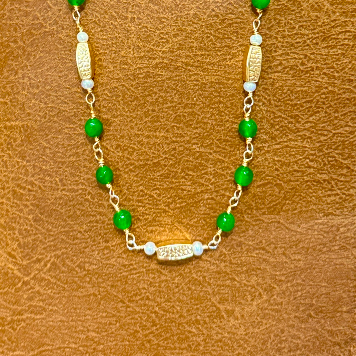 Green Jade Necklace with Decorative Matte Gold Beads| 18” plus 2” Extension