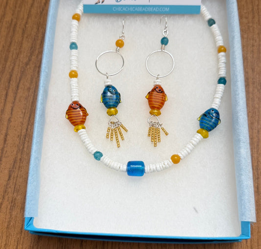 Heishi Fish Necklace with Whimsical Glass Fish | 16" with 2" extension