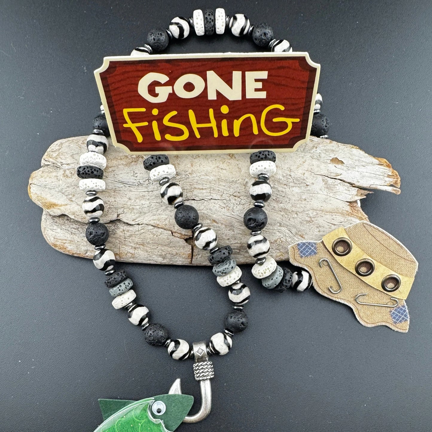 Zebra Agate Fish Hook Necklace 20"