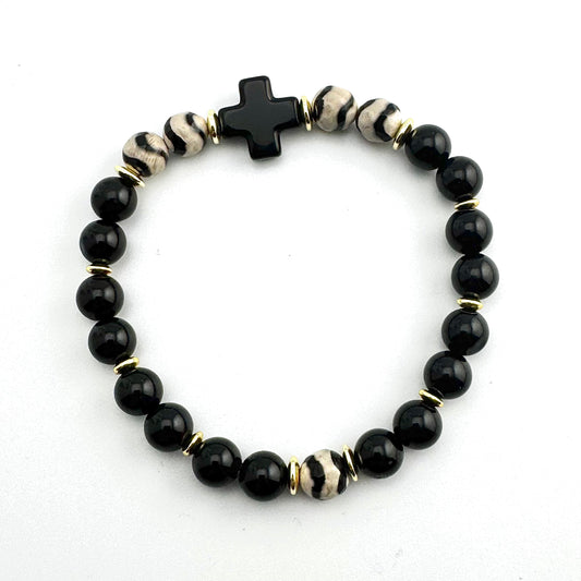 Bracelet | Zebra Jasper | Onyx Cross | Onyx Beads | Gemstones | 18K Gold-plated Hematiteh