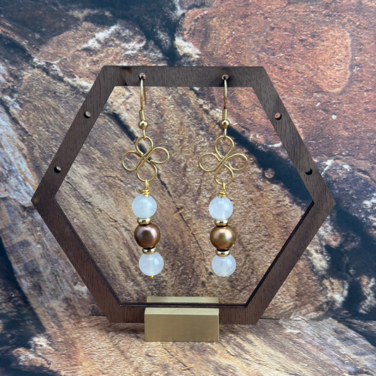 Earrings | Quartz | Bronze Freshwater Pearls| Wire-Wrapped Clover Designs | Gold Dangle Earrings 2.5"