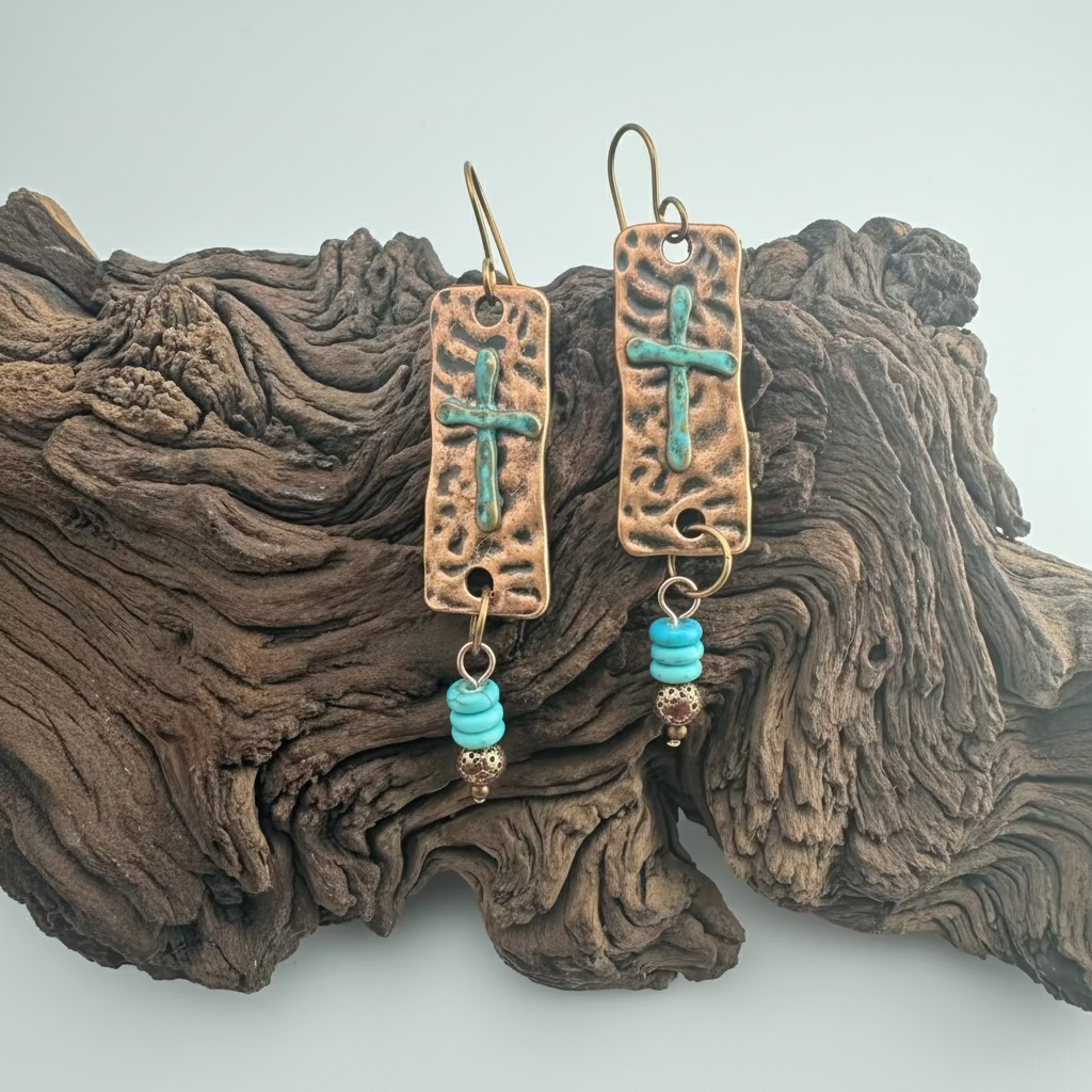 Earrings | Hammered Copper Bar with Turquoise Crosses | Turquoise Gemstones | Copper-plated Lavastone | 3"