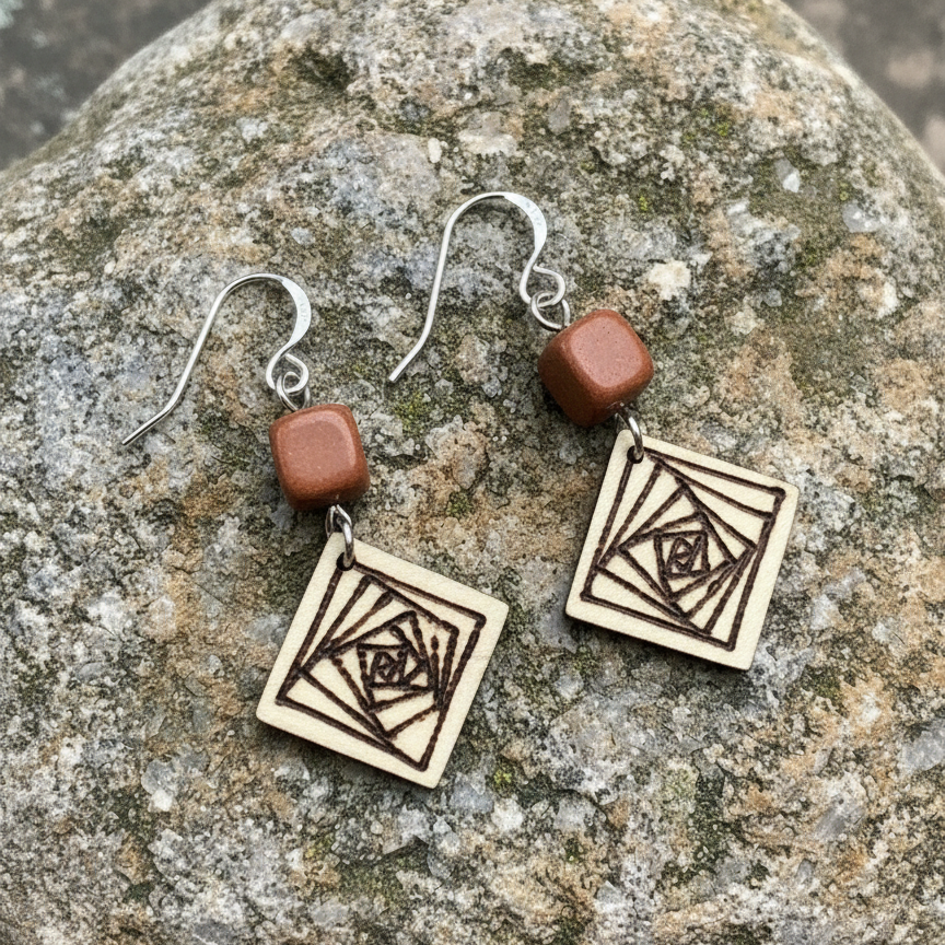 Earrings | Square Shaped | Zentangled Lines | Wood-burned | Small Size | Red Jasper || 1.5"