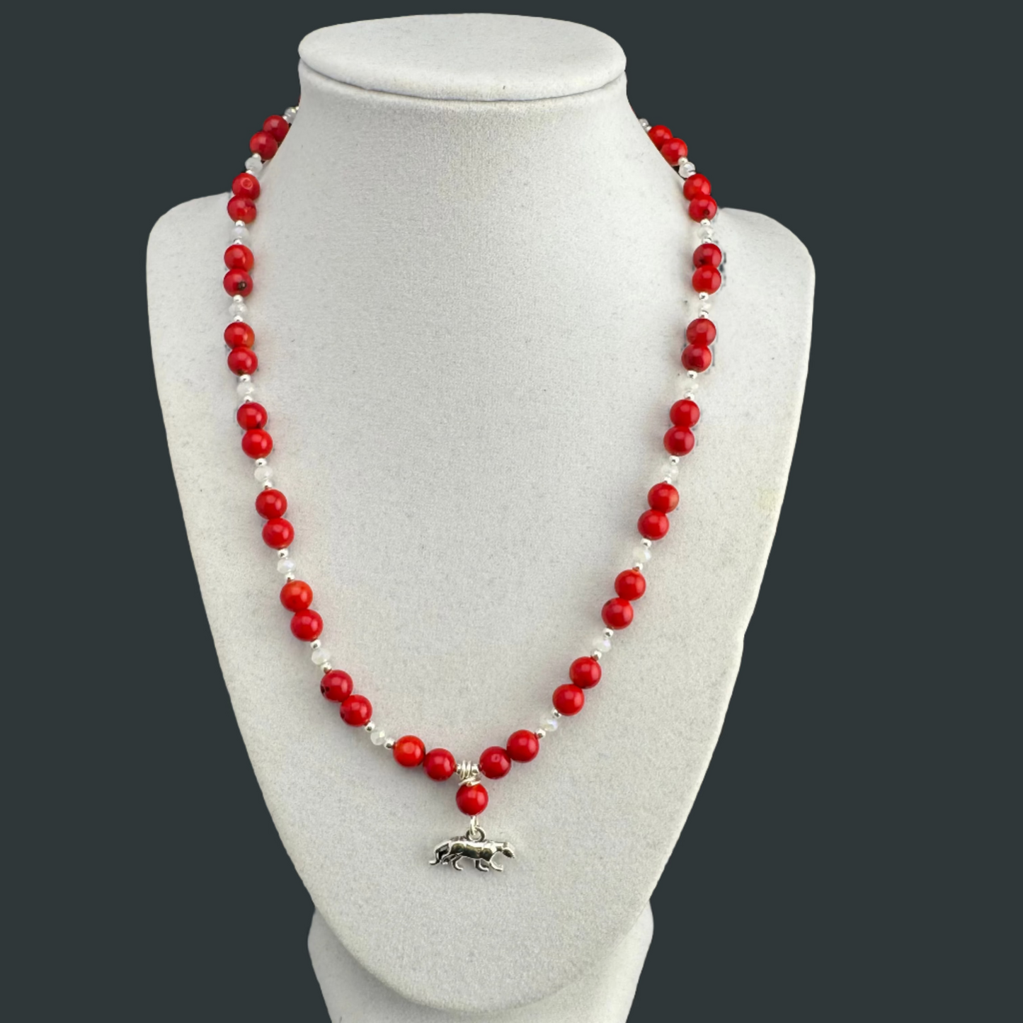 Red and White Necklace with Panther Charm 18"