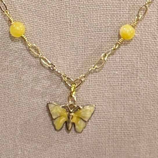 Gold Metal Chain with Yellow Butterfly Enamel Charm | 16” with 2” Extension