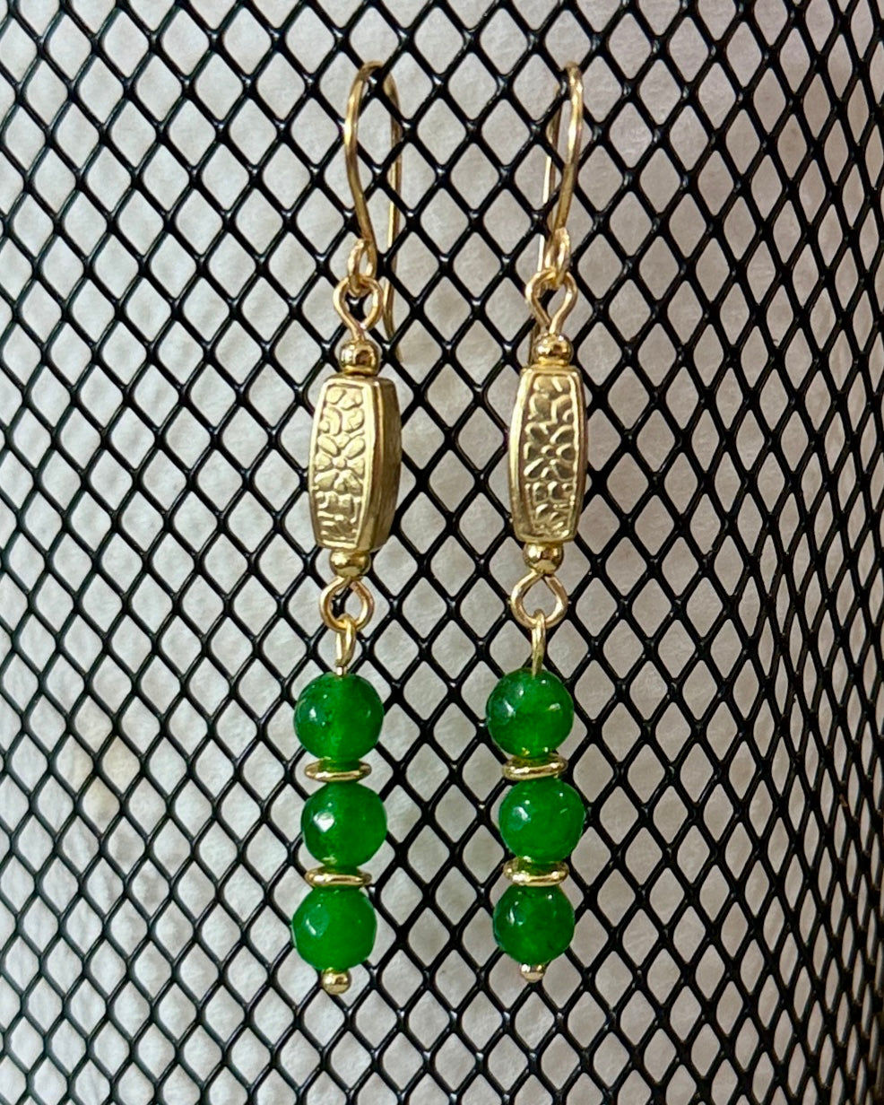 Green Jade Earrings with Decorative Matte Gold Beads