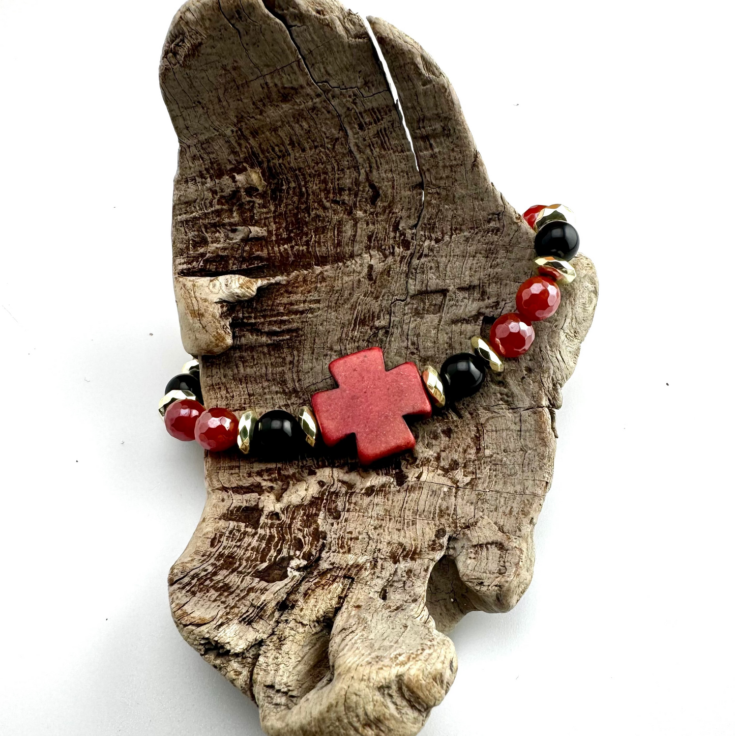 Red Agate | Dyed Cross | Round Onyx | Gold-plated Spacer Beads
