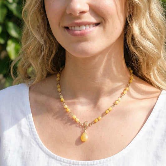 Yellow Jade Necklace with Teardrop Pendant