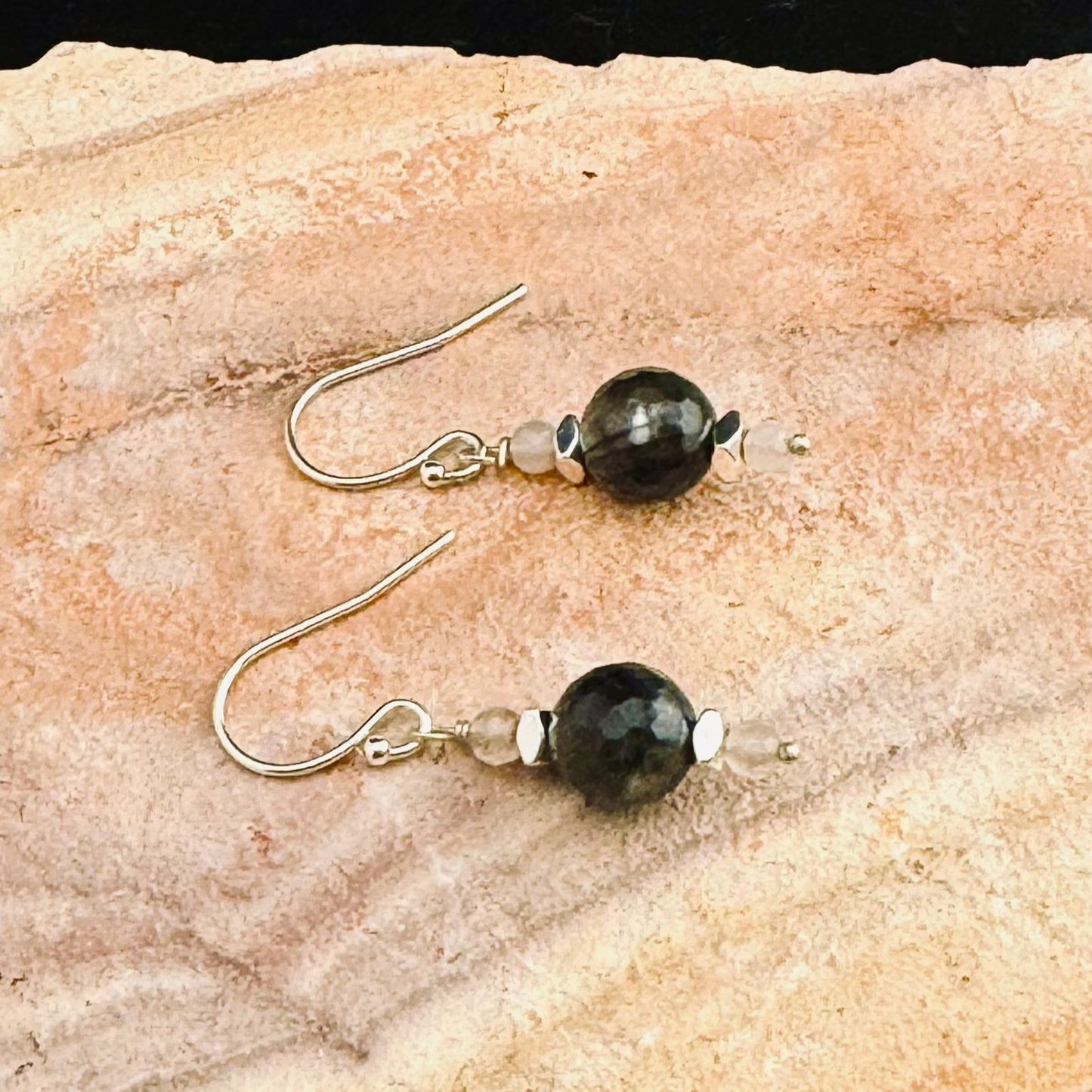 Earrings | Faceted Gray Gemstones | Silver Plated | 1.75"