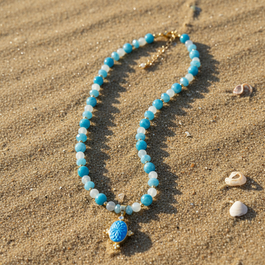 Turquoise Jade, Turquoise Faceted Glass Beads, and White Quartz Necklace Featuring a Carved Gemstone set in a 18K Gold-filled Bezel 16” with a 2” Extension