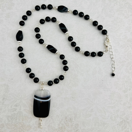 Necklace | Onyx Gemstones | Moonstones | Black & White Agate Pendant | 20.25" | 2" Ext