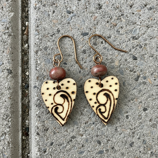 Earrings | Zentangled Heart | Minisize | Red Sponge Coral |Antique Brass Findings | 1.5”