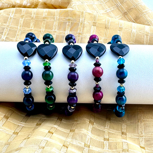 Green Tigereye Gemstones | Black Onyx | Crystals | Faceted Onyx Hearts | 18K Gold-filled Ball Beads