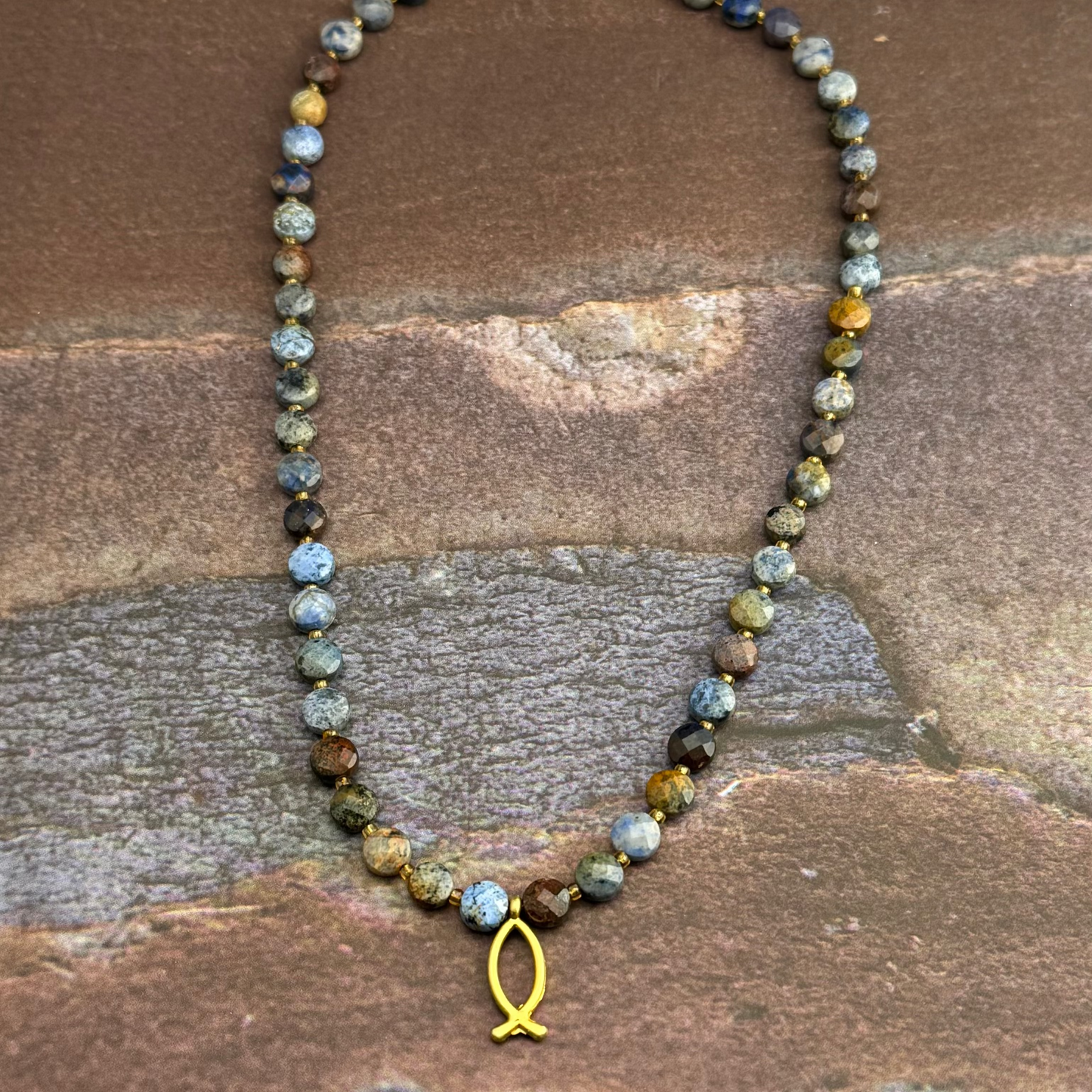 Fire Opal Gemstone Necklace with Christian Fish pendant 15” Ext 2”