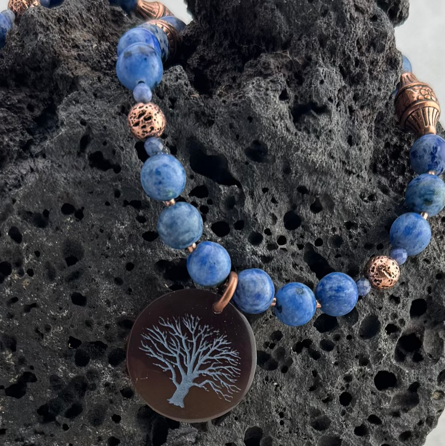 Necklace | Sodalite Gemstones | Tree of Life Coconut Pendant | Copper-plated Accents | 18"