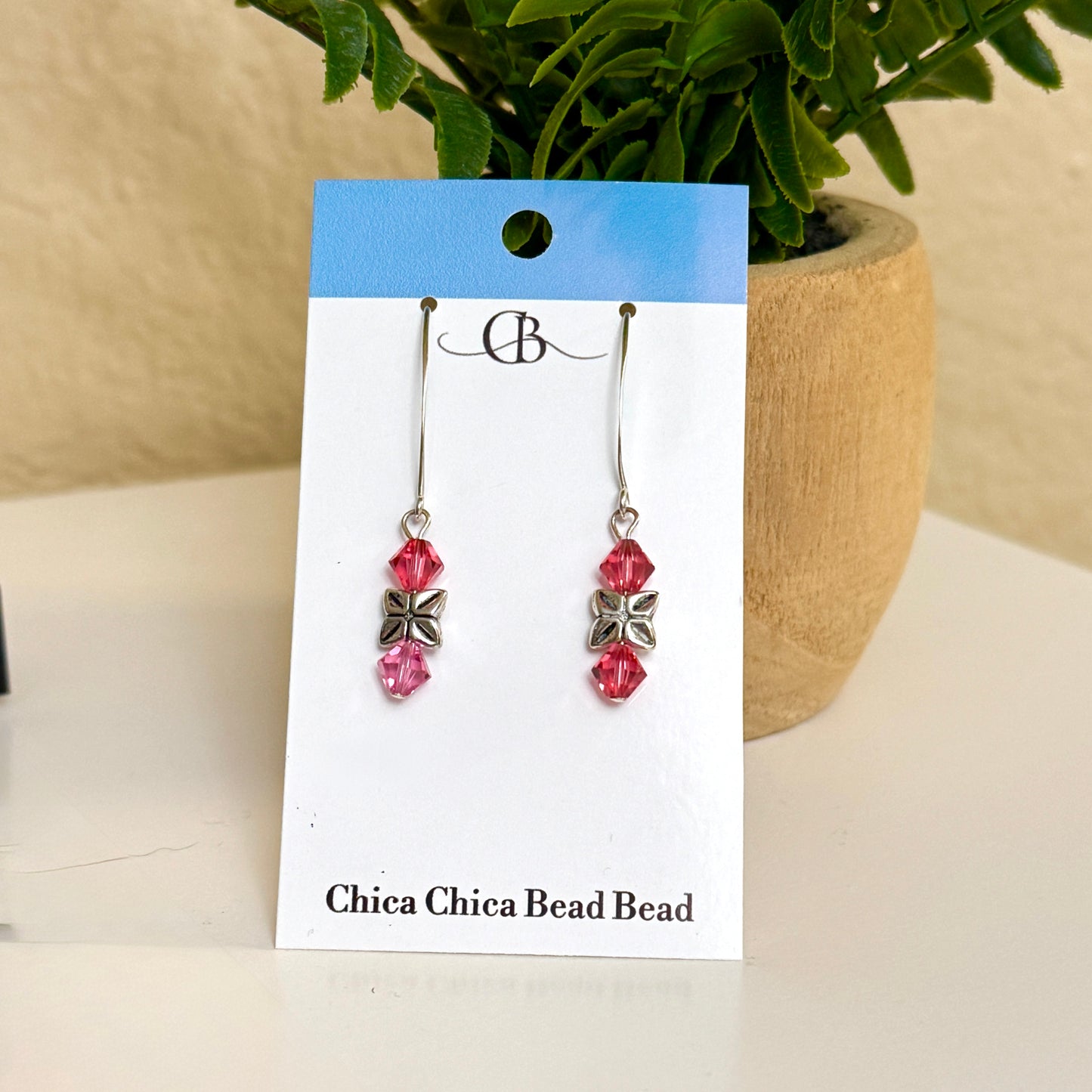 | Earrings | Pink Swarovski Crystals | Silver Decorative Spacer | SS Earwires | 2"p