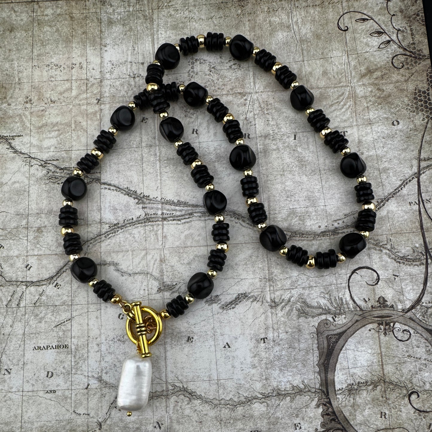 Onyx Toggle Necklace featuring a Rectangular Baroque Pearl 18”