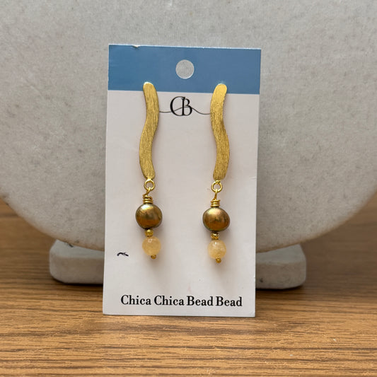 Earrings | Long Drop & Dangle | Freshwater Pearls | Yellow Jade | 2.25"