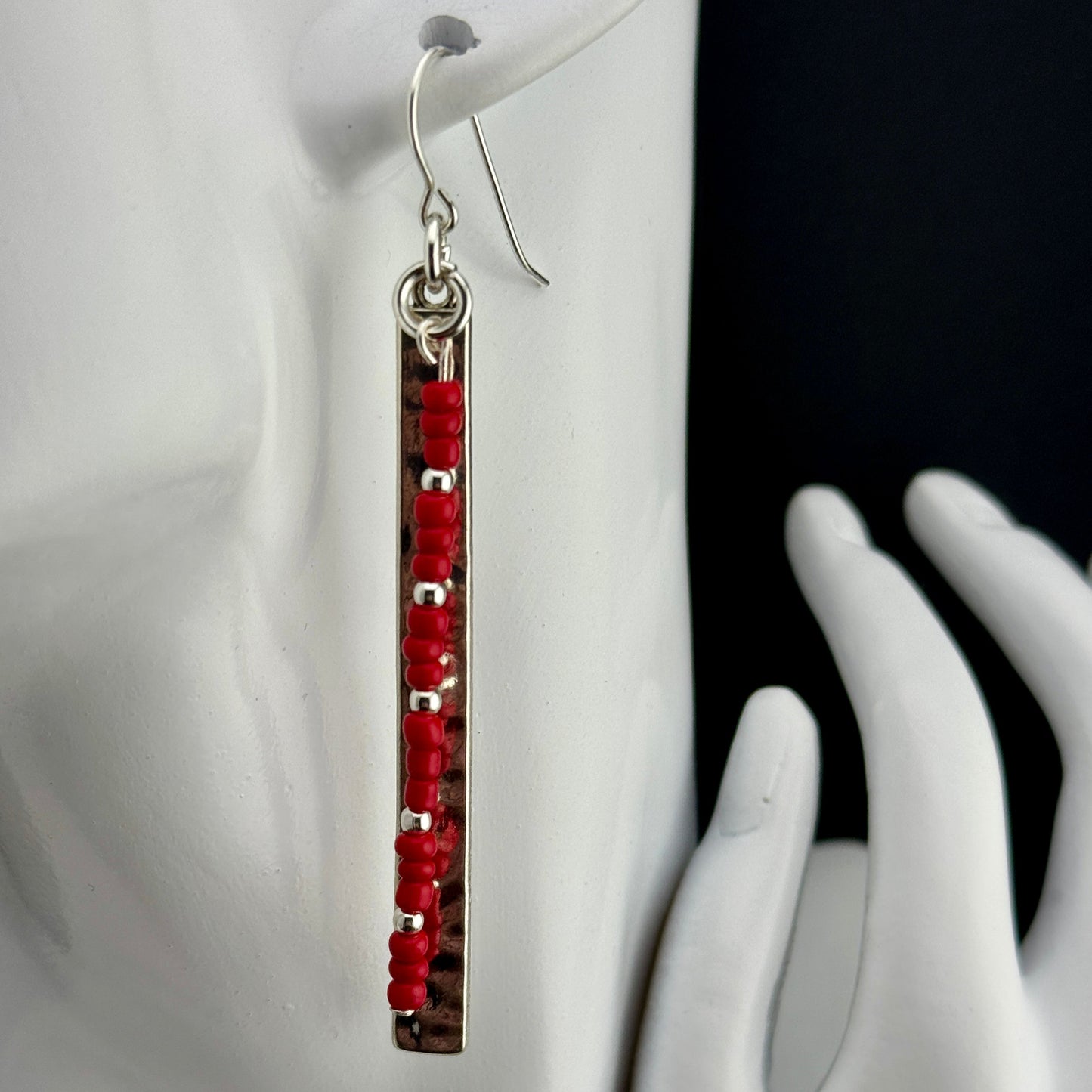 Silver Plated Bar Earrings with Red Seed Beads 3"