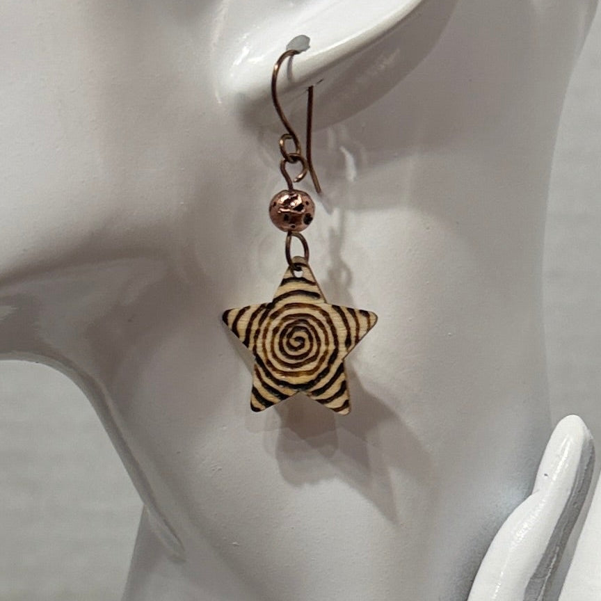 Earrings | Star Shape | Wood-burned | Circular Swirls | Copper-Plated Lava Stones | Small | 2”