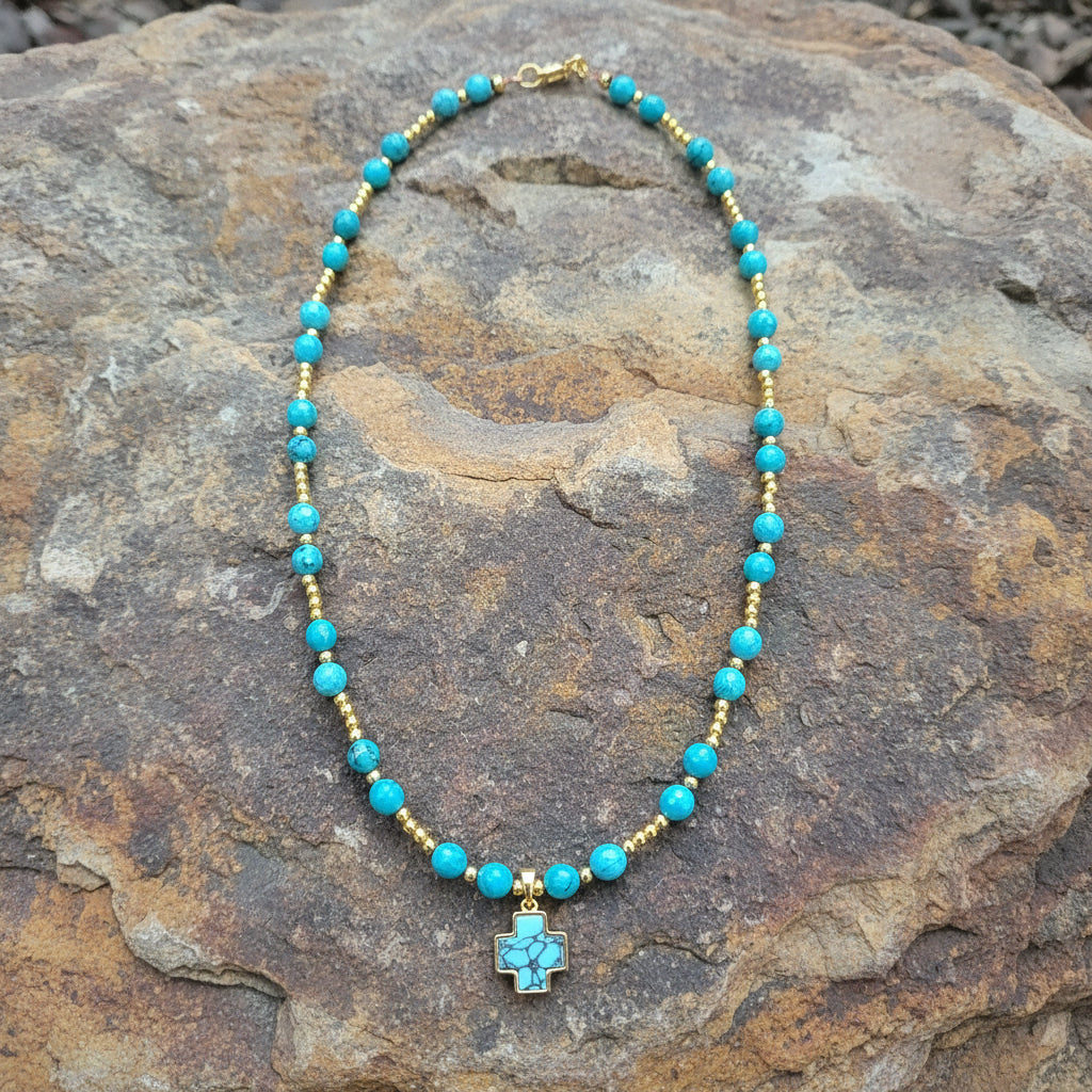 Necklace | Turquoise Cross Pendant | Gold-Filled Ball Beads | 16”