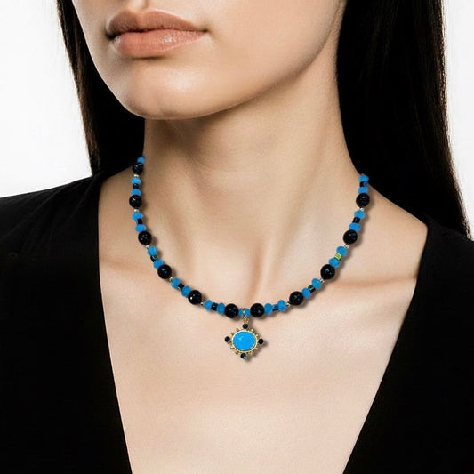 Turquoise Glass Beads and Onyx Gemstones with a Turquoise and Onyx Pendant 18.5”