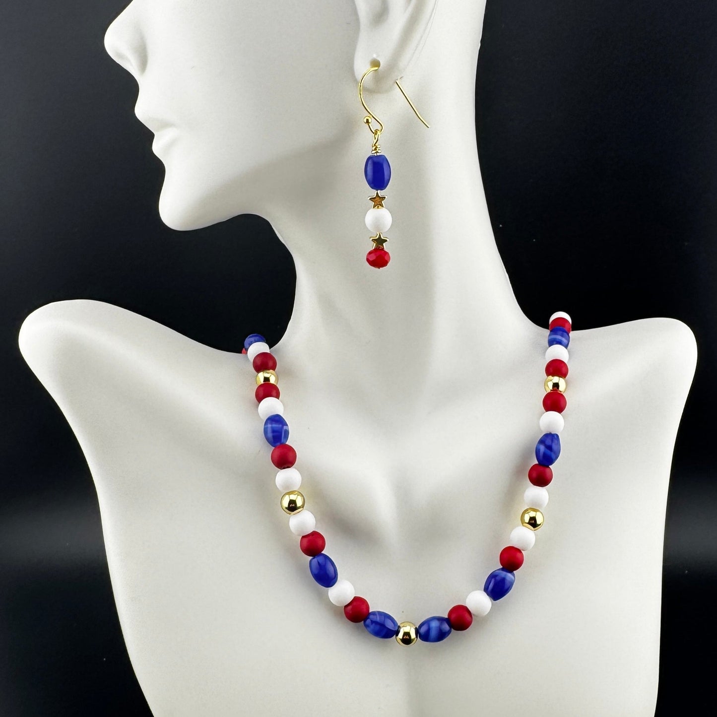 Red, White, Blue, and Gold Necklace 20" by