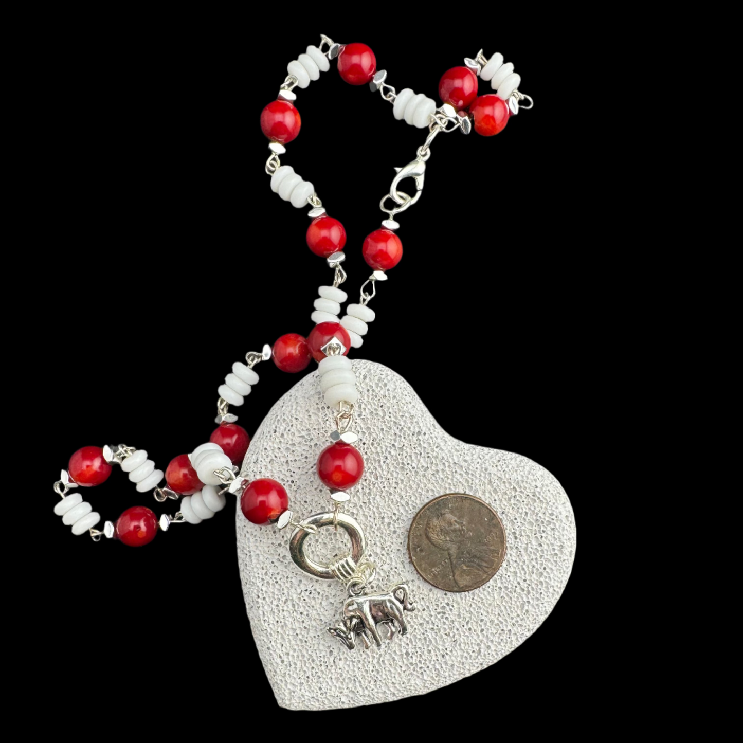 Red, White, and Silver Necklace with Brahman Charm 18"
