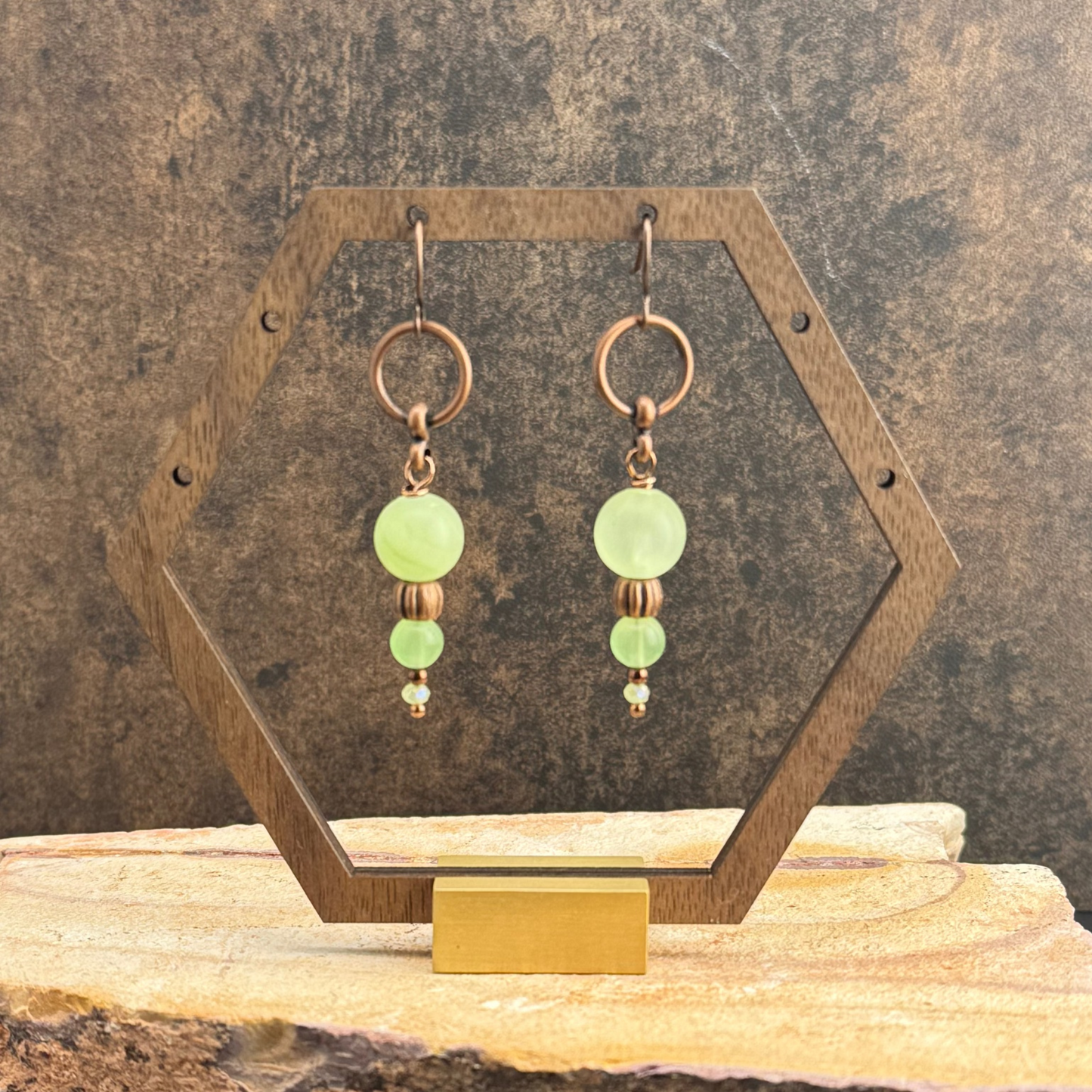 Green Chalcedony and Copper Earrings 2”