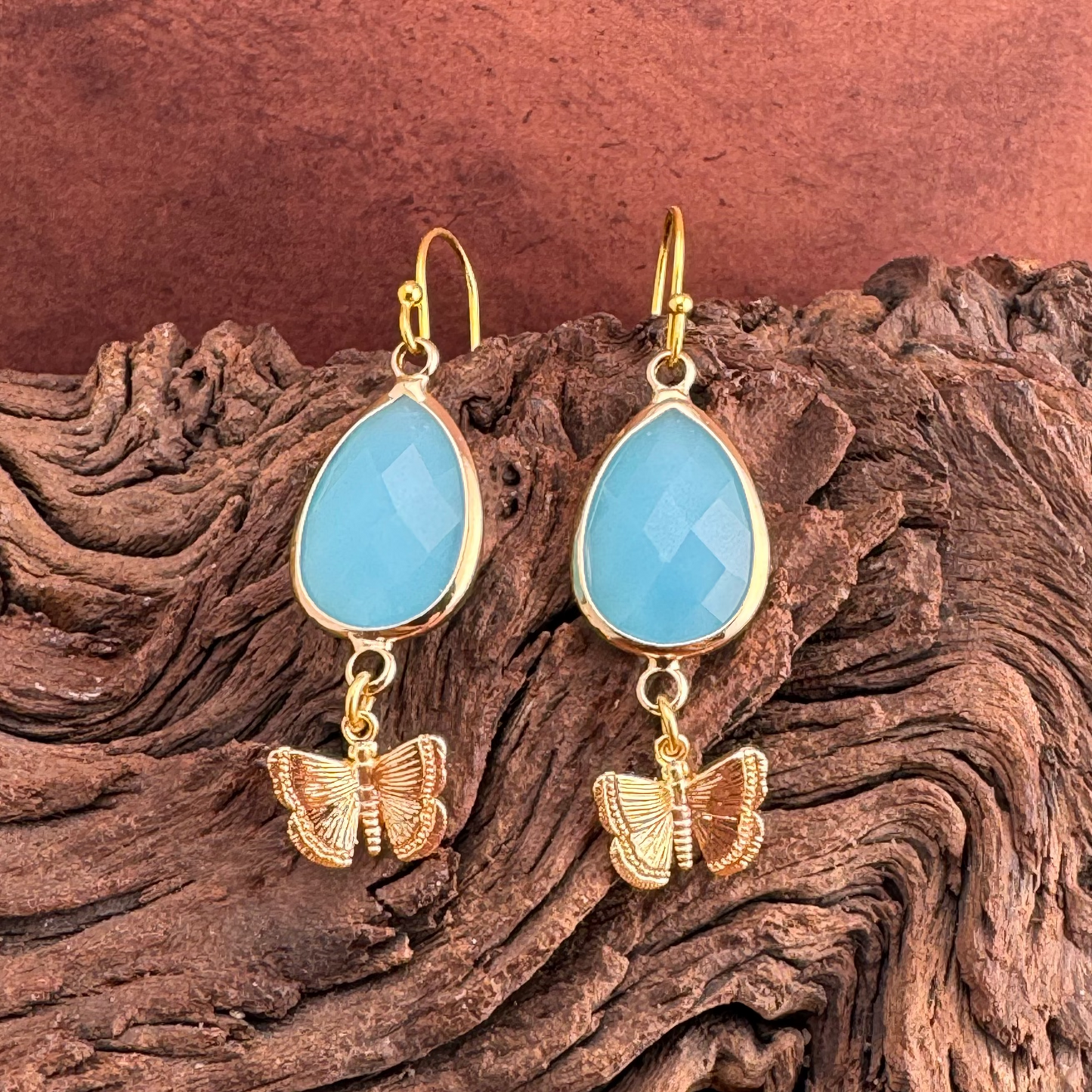 Blue Chalcedony Butterfly Earrings 1.75"