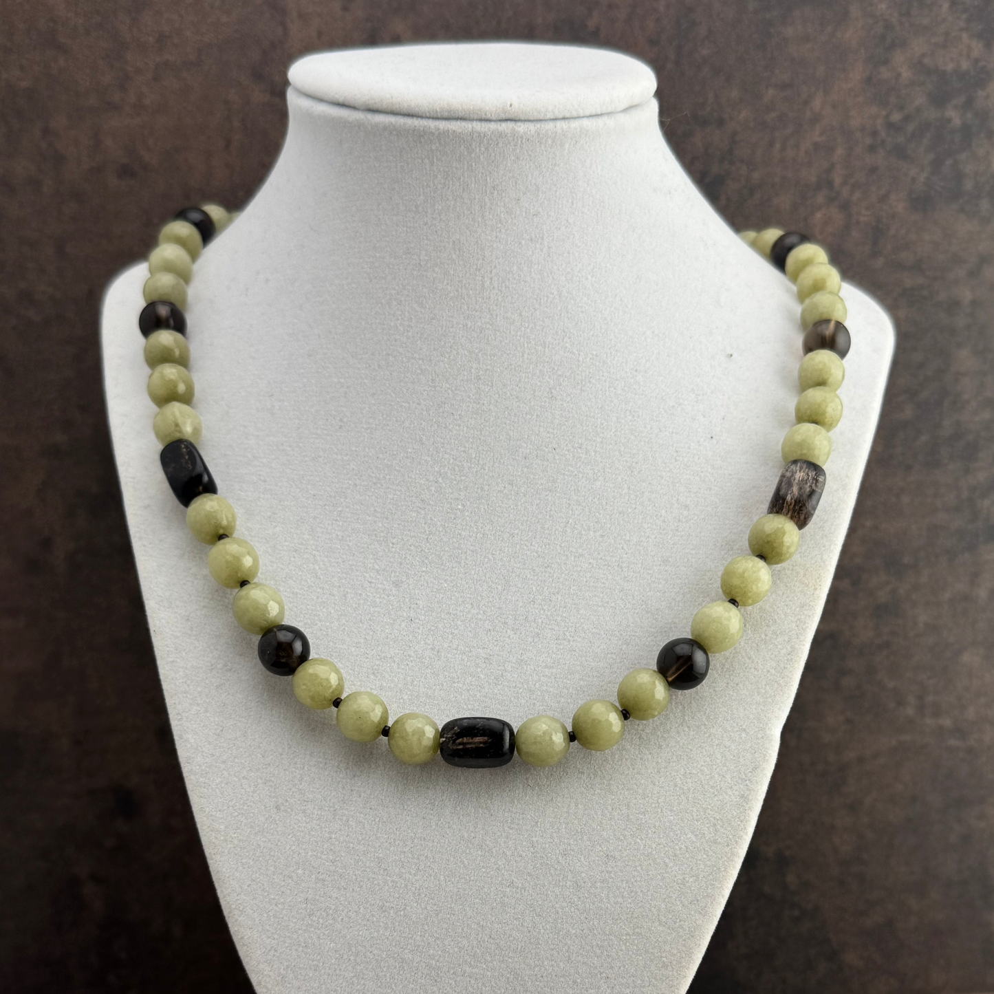 Green Jade with Smokey Quartz Necklace 20"