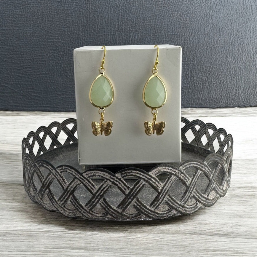 White Jade Butterfly Earrings 1.75"