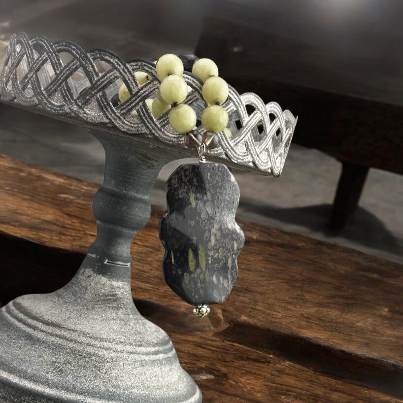 Green Jade with Smokey Quartz & Speckled Ocean Jasper Pendant 23"