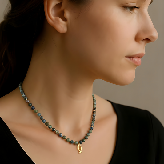 Fire Opal Gemstone Necklace with Christian Fish pendant 15” Ext 2”