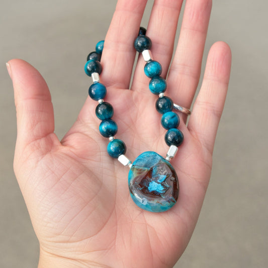 Necklace | Tigereye Gemstones | Chrysocolla Pendant | 16”