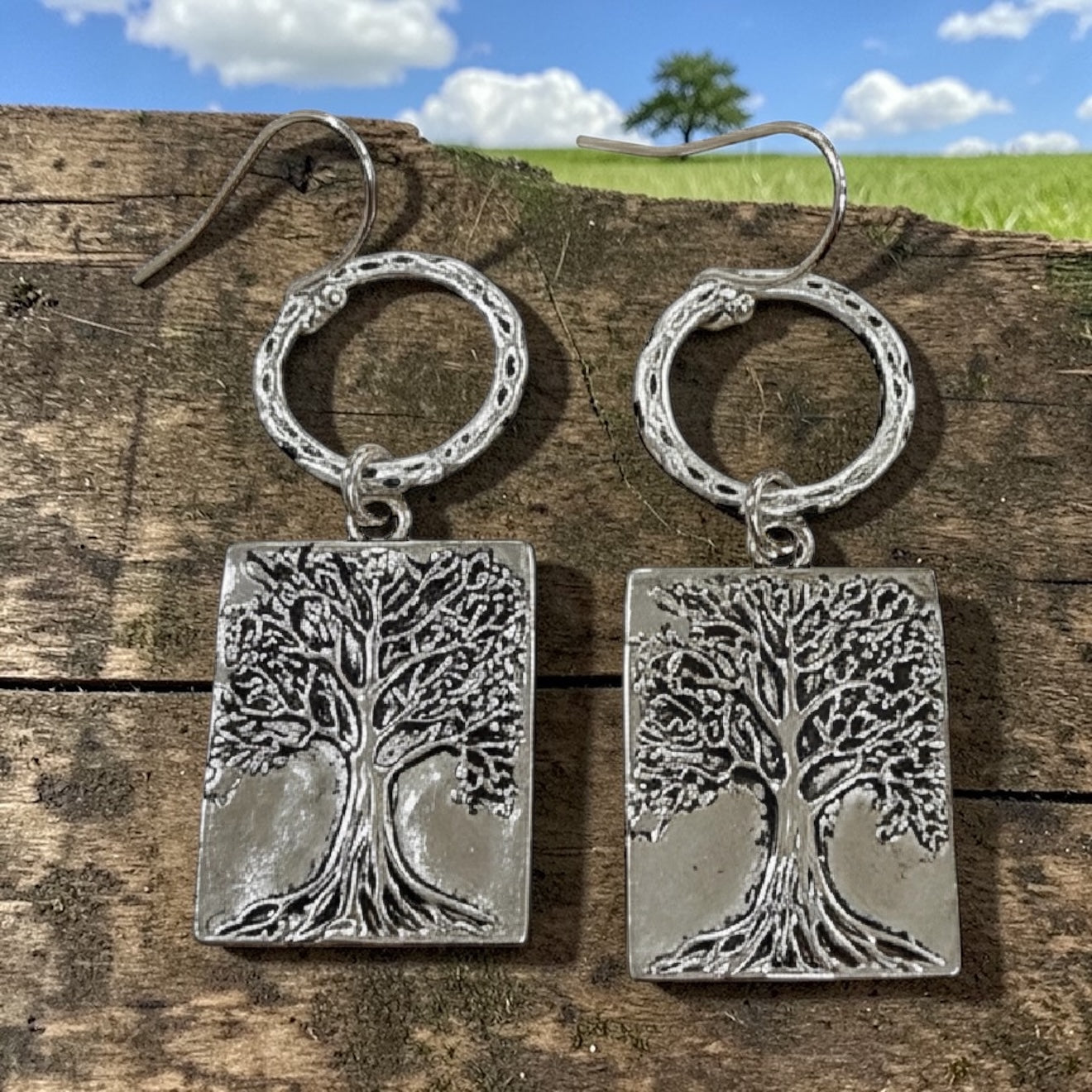 Antique Silver Tree of Life Rectangular Earrings 2 1/2”