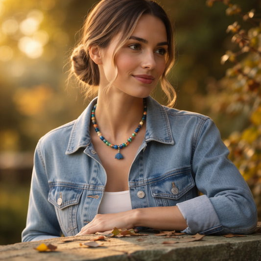 Citrine, Red Jasper, Lapis Gemstone Necklace with Turquoise Cross and Lapis Buffalo Pendant 19.5”