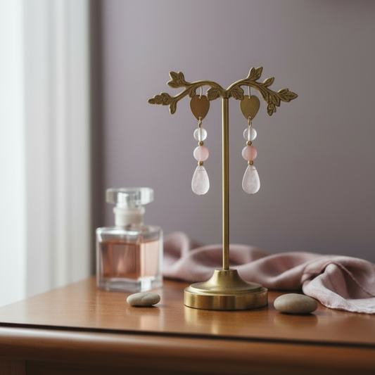 Pink Glass Beads with Teardrop white Moonstones and Round White Quartz Earrings 2”