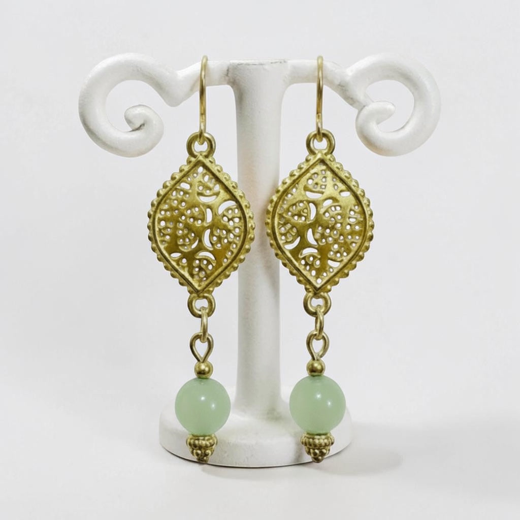 Green Jade Earrings with Rhodium Component 2.25”