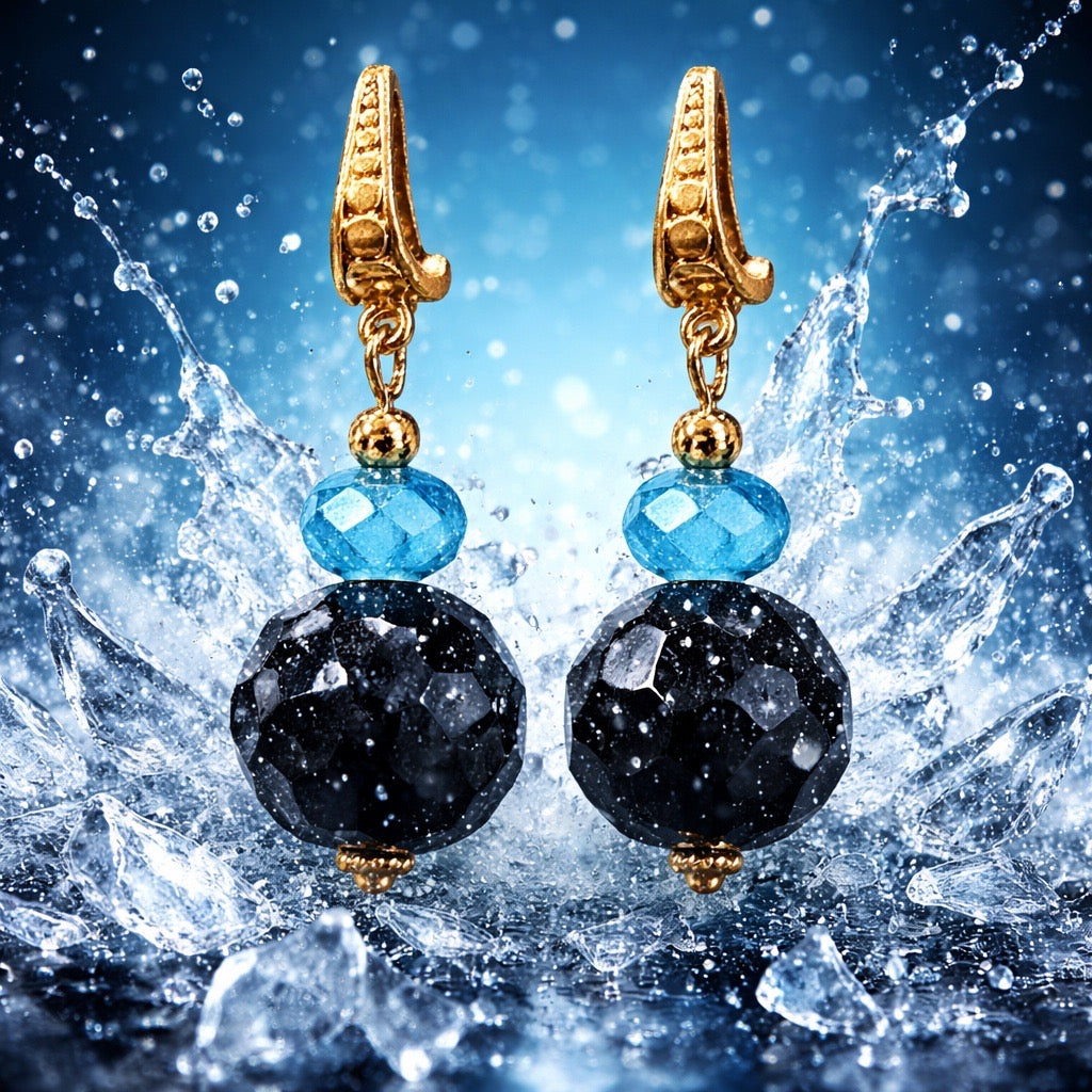 Earrings with Aquamarine Glass Beads and Large Black Faceted Spheres 2.75”