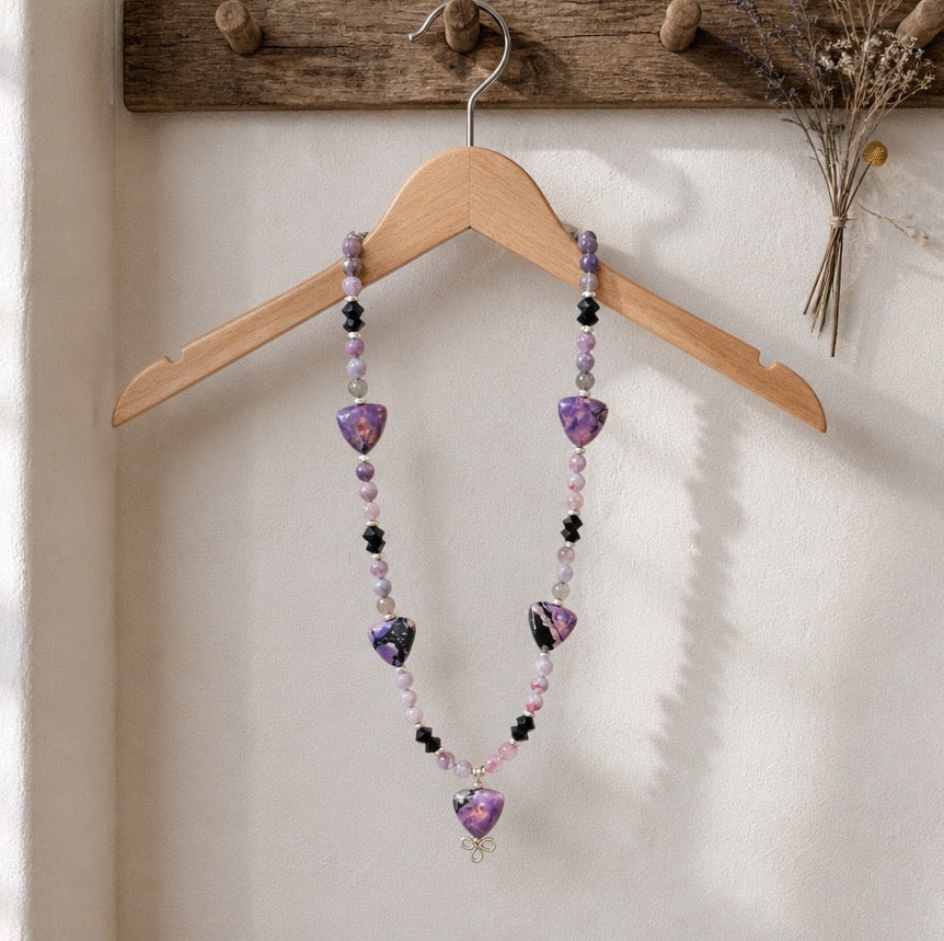 Necklace | Purple Lepidolite | Faceted Onyx | Silver-plated Spacer Beads | 18"
