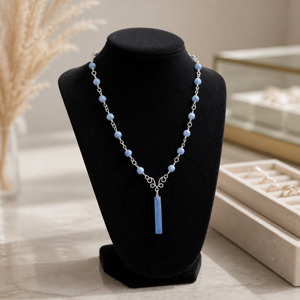 Necklace | Speckled Sodalite | Blue Chalcedony Pendant | Wire-Wrapped | 18"