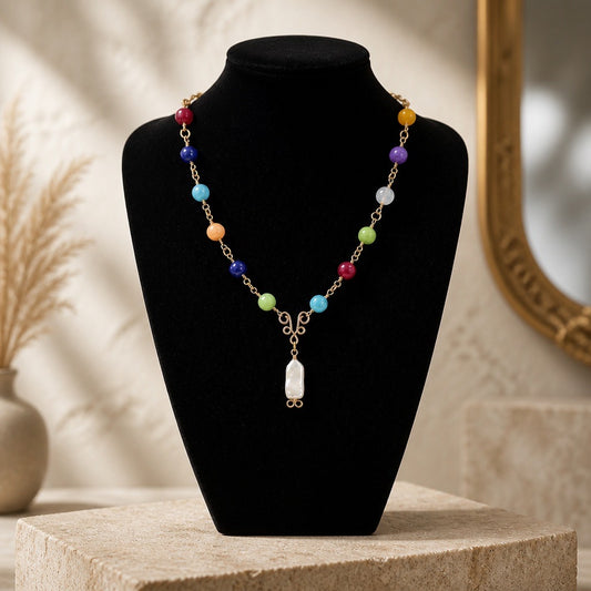Necklace | Baroque Pearl Pendant | Jade | Moonstone | Lapis | Wire-wrapped | 18"